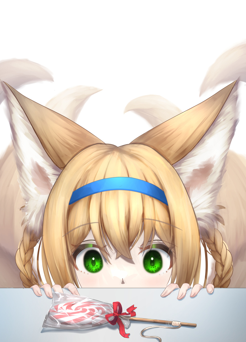 absurdres animal_ears arknights blonde_hair blue_hairband braid candy covered_mouth female food fox_ears fox_girl fox_tail green_eyes hairband highres lolicon lollipop looking_at_viewer multiple_tails nikenikeniki1 peeping portrait shadow short_hair sidelocks simple_background solo suzuran_(arknights) tail white_background wrapped_candy wrapped_lollipop