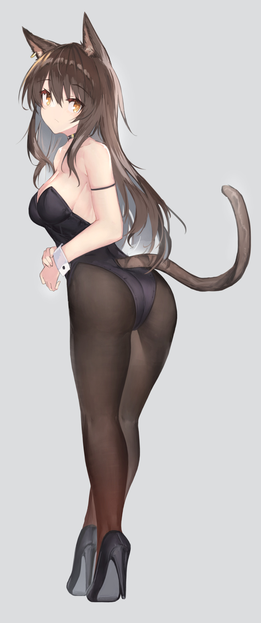 absurdres animal_ears arknights arm_strap ass bare_shoulders black_choker black_footwear black_leotard blush brown_hair brown_pantyhose cat_ears cat_girl cat_tail choker closed_mouth female full_body grey_background high_heels highres leotard long_hair orange_eyes own_hands_together pantyhose playboy_bunny simple_background skyfire_(arknights) solo strapless strapless_leotard tail tail_through_clothes twisted_torso wrist_cuffs yki