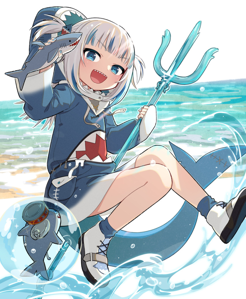 :d animal_costume animal_hood beach bloop_(gawr_gura) blue_eyes blue_hair blue_hoodie blunt_bangs commentary female fins fish_tail full_body gawr_gura gawr_gura_(1st_costume) grey_hair hair_ornament highres holding holding_weapon hololive hololive_english hood hoodie long_sleeves looking_at_viewer medium_hair multicolored_hair ocean open_mouth polearm shark_costume shark_girl shark_hair_ornament shark_hood shark_tail sharp_teeth shoes shore sleeves_past_wrists smile sneakers solo streaked_hair tail teeth trident two_side_up uchako upper_teeth_only v-shaped_eyebrows virtual_youtuber weapon white_footwear wide_sleeves