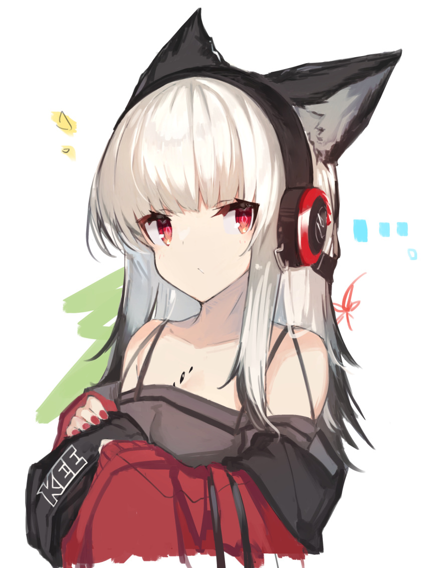 ... animal_ears arknights beanie black_hat collarbone commentary_request diamond-shaped_pupils diamond_(shape) female fox_ears frostleaf_(arknights) grey_shirt hat headphones highres implied_extra_ears jacket long_hair looking_at_viewer material_growth off_shoulder oripathy_lesion_(arknights) red_eyes red_jacket red_nails shirt solo symbol-shaped_pupils unworn_hat unworn_headwear white_hair yki