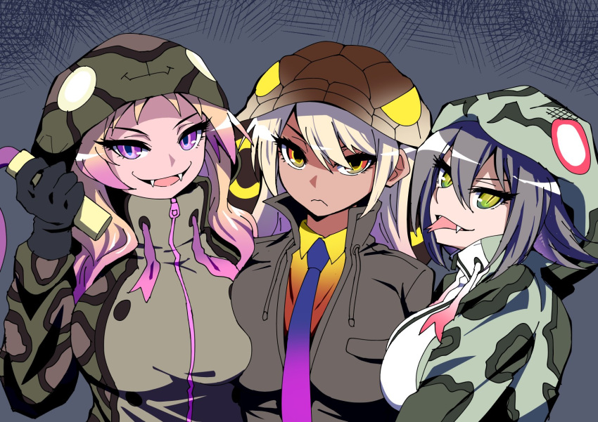 3girls african_rock_python_(kemono_friends) asymmetrical_docking blonde_hair breast_press breasts closed_mouth commentary dark-skinned_female dark_skin detached_hood drawstring fangs forked_tongue gloves gradient_hair green_eyes grey_hair hand_up highres holding holding_whip hood hood_up hooded_jacket jacket kemono_friends king_cobra_(kemono_friends) large_breasts long_hair long_sleeves looking_at_viewer mamiyama multicolored_eyes multicolored_hair multiple_girls necktie okinawa_habu_(kemono_friends) open_mouth pink_hair purple_eyes purple_hair red_eyes sidelocks slit_pupils smile tongue tongue_out upper_body v-shaped_eyebrows wavy_mouth weapon whip yellow_eyes zipper zipper_pull_tab