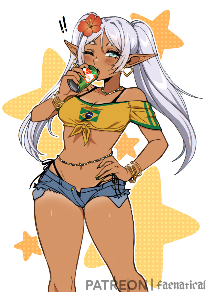 bead_choker belly_chain bikini bikini_under_clothes bracelet brazilian_flag brazilian_flag_print brazilian_miku brazilian_miku_(cosplay) collarbone cosplay cutoffs dark-skinned_female dark_skin earrings elf exposed_pocket faenatical female flower frieren gold_earrings hair_flower hair_ornament hatsune_miku highres jewelry long_hair micro_shorts multiple_bracelets one_eye_closed pointy_ears print_shirt rectangular_earrings shirt shorts sousou_no_frieren swimsuit tan tanlines vocaloid watermark