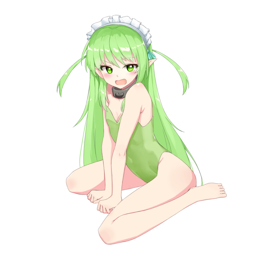 bare_shoulders barefoot black_souls breasts collar covered_navel feet female green_eyes green_hair green_leotard highres leaf_(black_souls) leotard long_hair maid_headdress open_mouth pointy_ears ribbonsnek sitting small_breasts solo strapless strapless_leotard thighs toes two_side_up very_long_hair