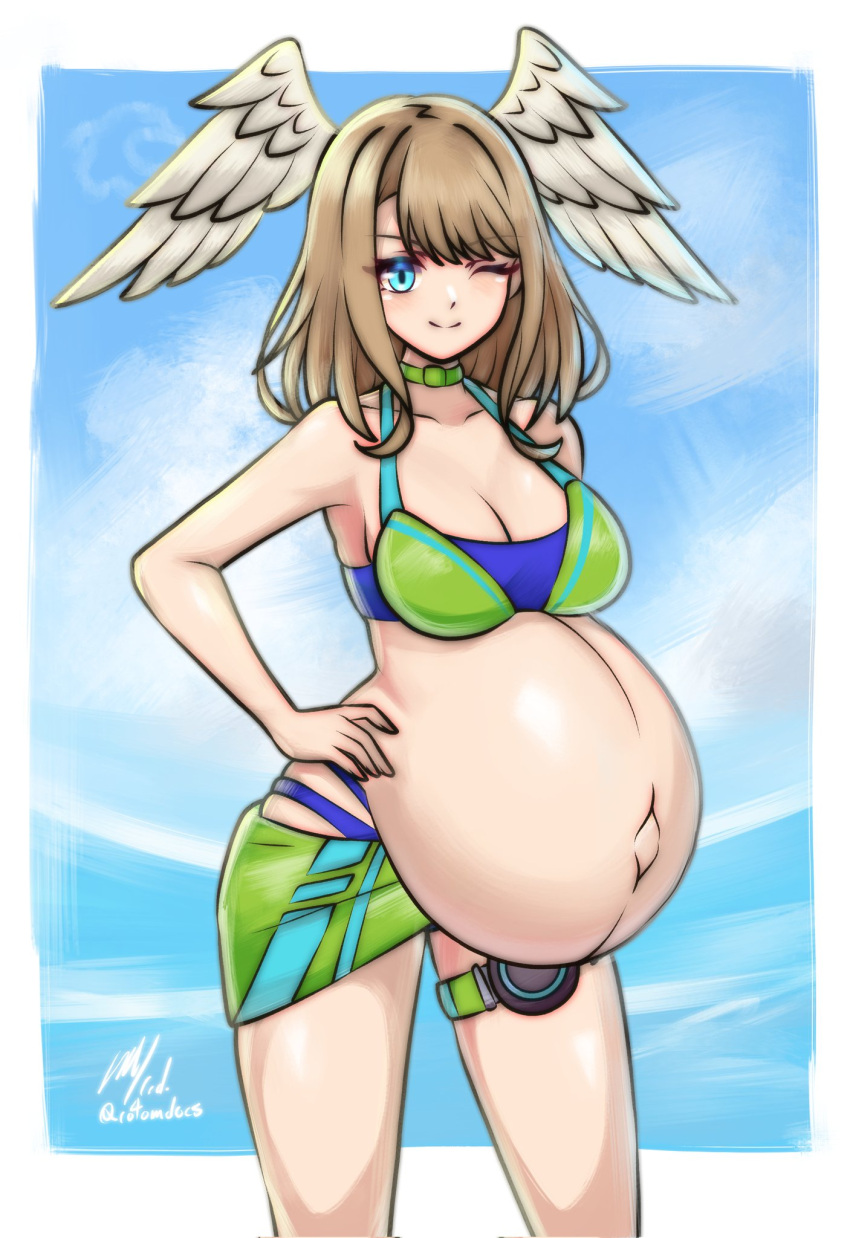 aqua_eyes bare_arms bikini breasts brown_hair cleavage closed_mouth eunie_(xenoblade) female hand_on_own_hip head_wings highres large_breasts long_hair navel one_eye_closed pregnant rotomdocs sarong smile solo swimsuit thigh_strap wings xenoblade_chronicles_(series) xenoblade_chronicles_3