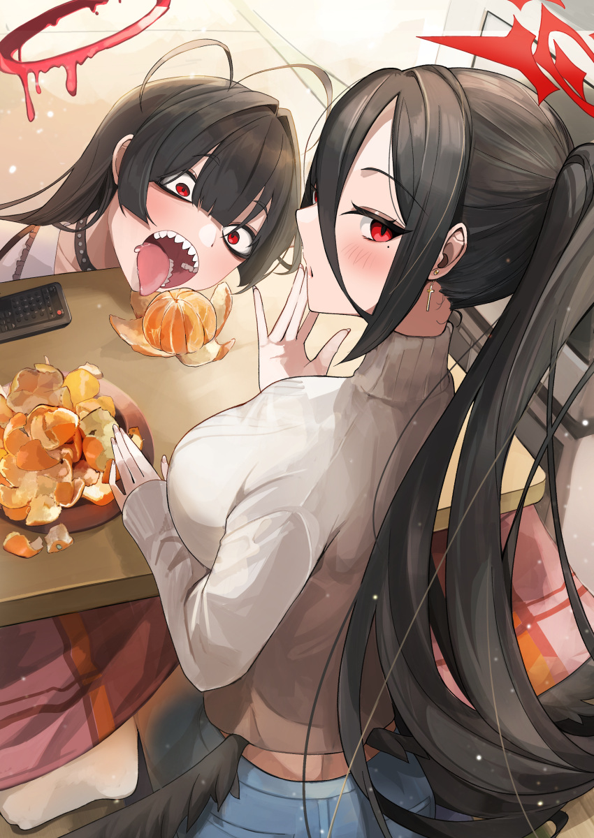 2girls absurdres antenna_hair black_hair black_wings blood blood_halo blue_archive blue_pants controller earrings food fruit grey_sweater halo hasumi_(blue_archive) highres iwahada jewelry kotatsu liquid_halo long_hair low_wings mandarin_orange mole mole_under_eye multiple_girls open_mouth orange_peel pants red_eyes red_halo remote_control sharp_teeth studded_choker sweater table teeth tsurugi_(blue_archive) turtleneck turtleneck_sweater wings