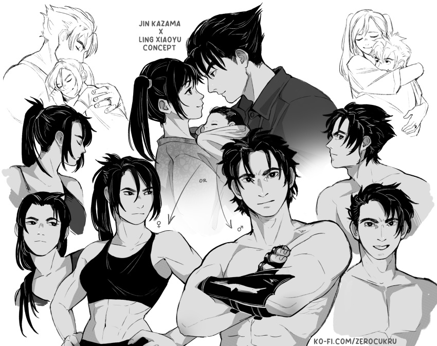 asian asian_female baby black_hair canon_couple concept concept_art couple daughter family hug jin_kazama kazama_jin ling_xiaoyu looking_at_another love married_couple monochrome namco ponytail safe safe_for_work self_upload smile son tekken tekken_8 twintails wholesome zerocukru