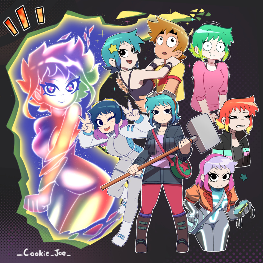 1boy 4girls age_comparison ahoge aqua_hair blue_hair breasts commentary cookie_joe couple double_v english_commentary future_ramona_flowers glowing goggles goggles_on_head hair_ornament hammer highres holding holding_hammer looking_at_viewer multiple_girls multiple_persona multiple_views nervous official_style one_eye_closed orange_hair ramona_flowers scott_pilgrim scott_pilgrim_(series) scott_pilgrim_takes_off short_hair spoilers standing star_(symbol) star_hair_ornament straight super_ramona tongue tongue_out v wide-eyed