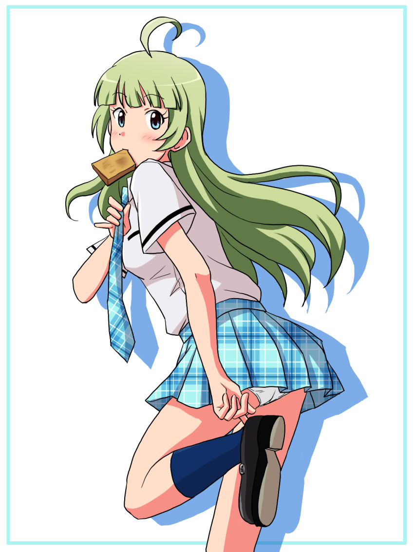 adjusting_clothes adjusting_footwear adjusting_necktie ahoge black_footwear blue_eyes blue_necktie blue_skirt blue_socks blush bread bread_slice breasts checkered_necktie commentary_request dot_nose female food green_hair highres idolmaster idolmaster_million_live! idolmaster_million_live!_theater_days lielos long_hair looking_at_viewer medium_breasts miniskirt necktie panties pantyshot plaid_clothes plaid_skirt school_uniform shadow shimabara_elena shirt short_sleeves skirt socks solo standing standing_on_one_leg thighs underwear white_background white_panties white_shirt