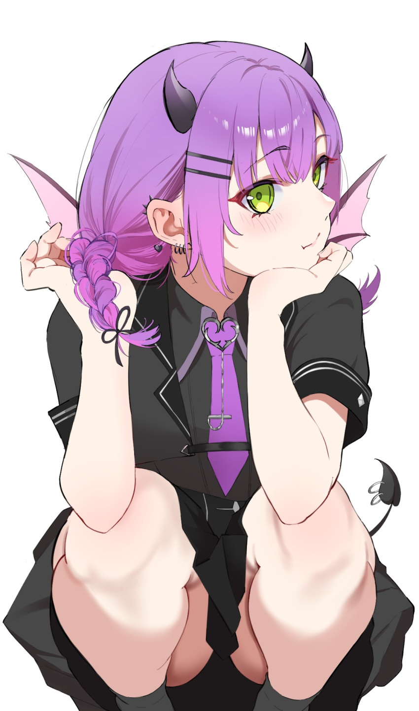 :t black_horns black_jacket black_skirt black_socks blush braid bunching_hair collared_shirt convenient_skirt demon_girl demon_horns demon_tail demon_wings double-parted_bangs ear_piercing earrings elbows_on_knees female green_eyes hair_ornament hairclip hand_on_own_chin head_rest heart heart_earrings highres hololive hoop_earrings horns jacket jewelry looking_at_viewer low_twin_braids low_twintails medium_hair mini_wings miniskirt necktie nikki_diaryy official_alternate_costume official_alternate_hairstyle piercing pink_hair pleated_skirt pointy_ears purple_hair purple_necktie school_uniform shirt short-sleeved_jacket short_sleeves sidelocks simple_background skirt sleeve_cuffs socks solo spike_piercing squatting tail tail_ornament tail_piercing tokoyami_towa tokoyami_towa_(school_uniform) twin_braids twintails upskirt virtual_youtuber white_background wings