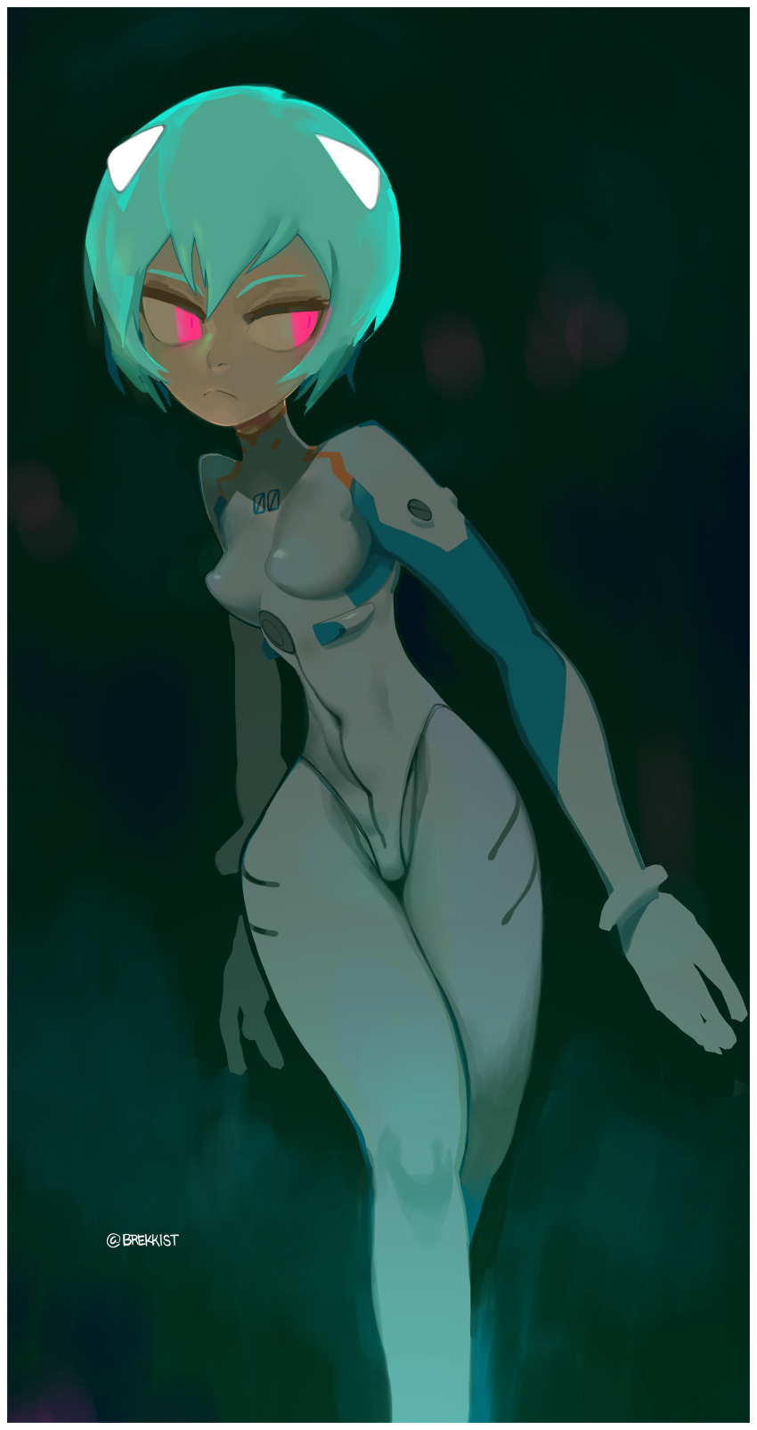 absurdres artist_name ayanami_rei blue_hair bodysuit border breasts brekkist commentary covered_nipples dated_commentary english_commentary female frown highres interface_headset mecha_pilot_suit mixed-language_commentary neon_genesis_evangelion pilot_suit pink_eyes plugsuit short_hair solo white_bodysuit white_border