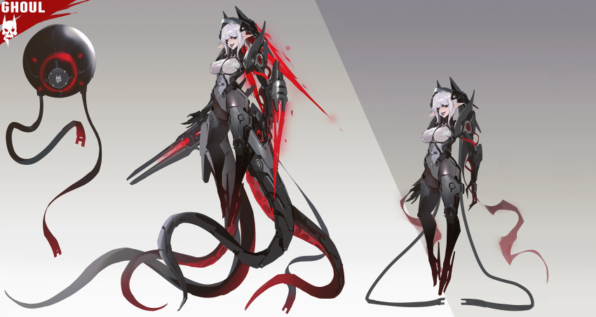 black_lips breasts claws energy_blade female grey_background highres large_breasts long_hair long_pointy_ears mecha_musume mechanical_legs mechanical_tentacles multiple_views original pointy_ears simple_background smjim1986 white_hair