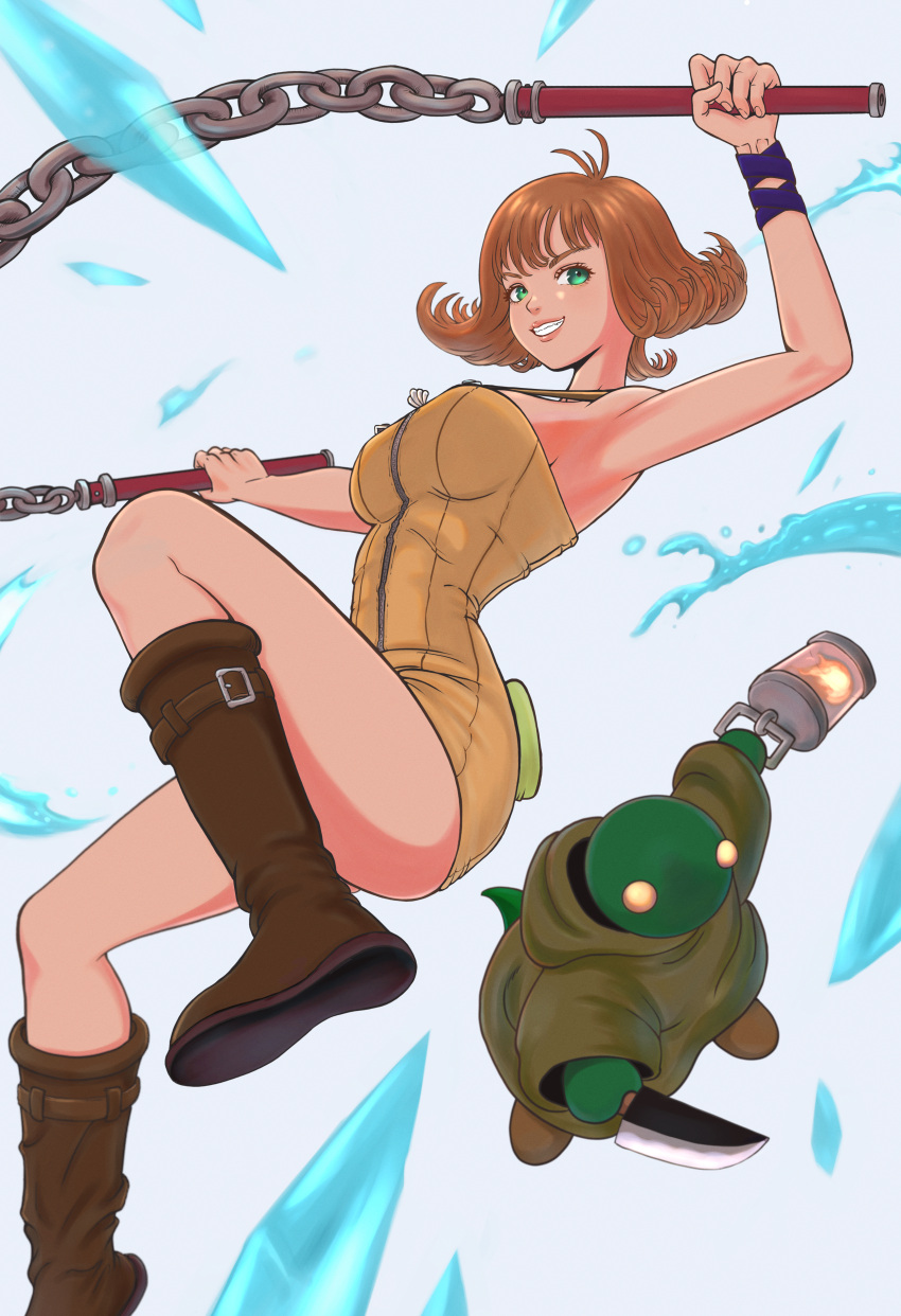 absurdres armpits blunt_bangs boots breasts brown_footwear brown_hair colored_skin commentary female final_fantasy final_fantasy_viii green_eyes green_skin grin highres holding holding_knife holding_lamp holding_nunchaku holding_weapon knee_boots knife large_breasts looking_at_viewer nunchaku selphie_tilmitt short_hair shyiek_art smile tight_clothes tonberry weapon yellow_overalls