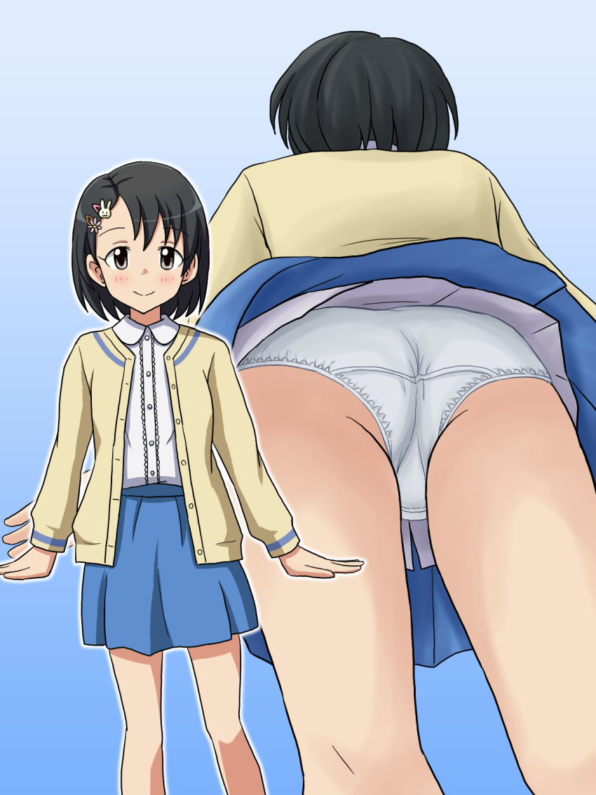 ass black_hair blue_background blue_skirt bob_cut cardigan closed_mouth collared_shirt commentary_request commission crotch_seam female gradient_background hair_ornament hairclip highres idolmaster idolmaster_cinderella_girls lielos long_sleeves looking_at_viewer miniskirt mtu_virus multiple_views open_cardigan open_clothes panties partial_commentary pixiv_commission sasaki_chie shirt short_hair skirt smile standing underwear upskirt white_panties white_shirt yellow_cardigan