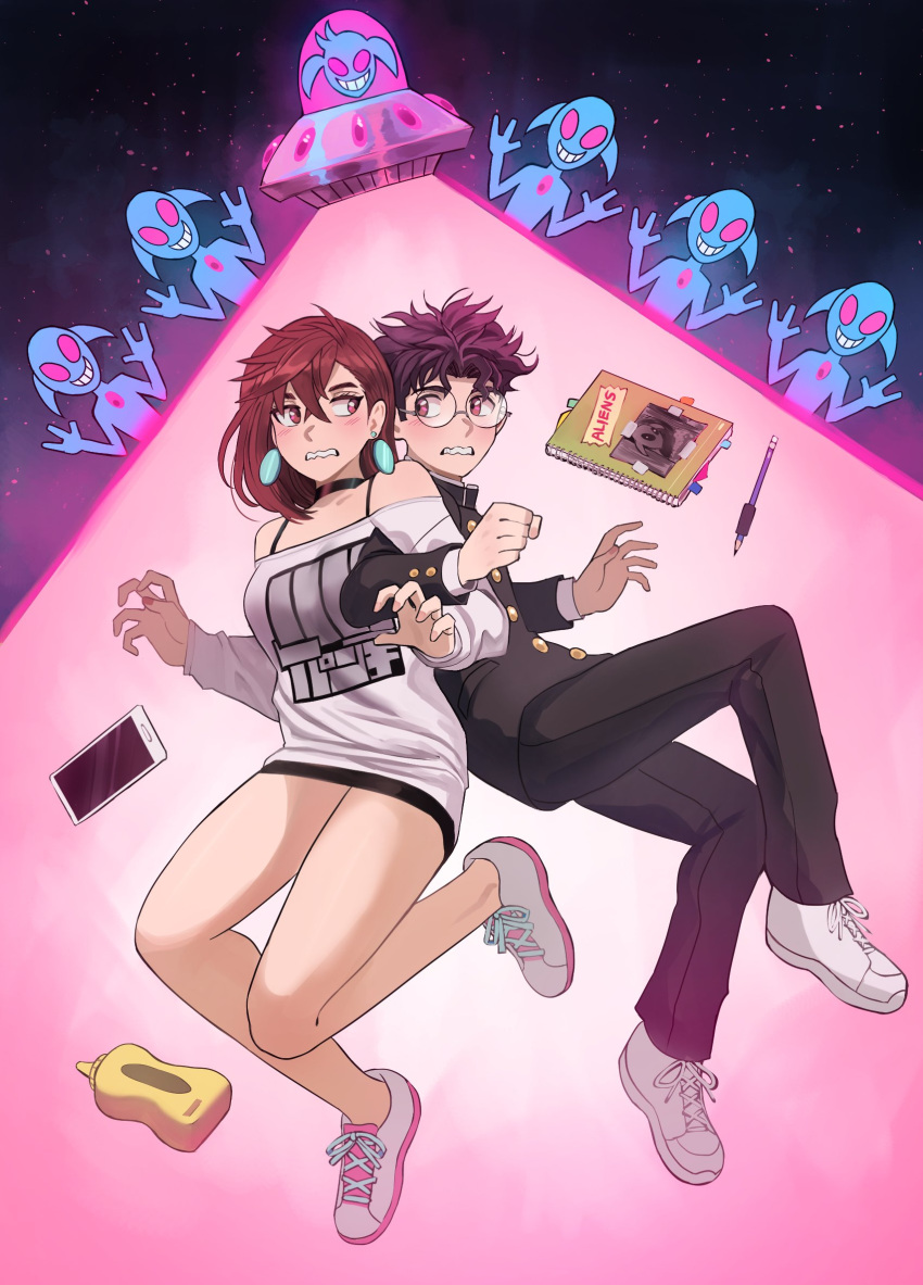 1boy alien ayase_momo black_choker black_hair black_skirt bottle brown_eyes brown_hair cellphone choker dandadan female gakuran glasses highres jourd4n miniskirt notebook pencil phone round_eyewear school_uniform shirt skirt smartphone takakura_ken_(dandadan) ufo white_shirt