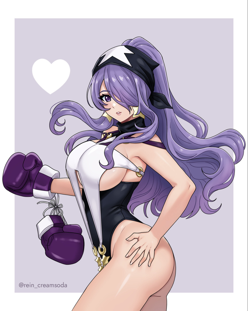 absurdres alternate_costume boxing boxing_gloves breasts camilla_(fire_emblem) commission earrings female fire_emblem fire_emblem_fates hair_over_one_eye highres jewelry large_breasts leotard long_hair looking_at_viewer purple_eyes purple_hair rein_creamsoda solo star_(symbol) star_earrings underboob wavy_hair