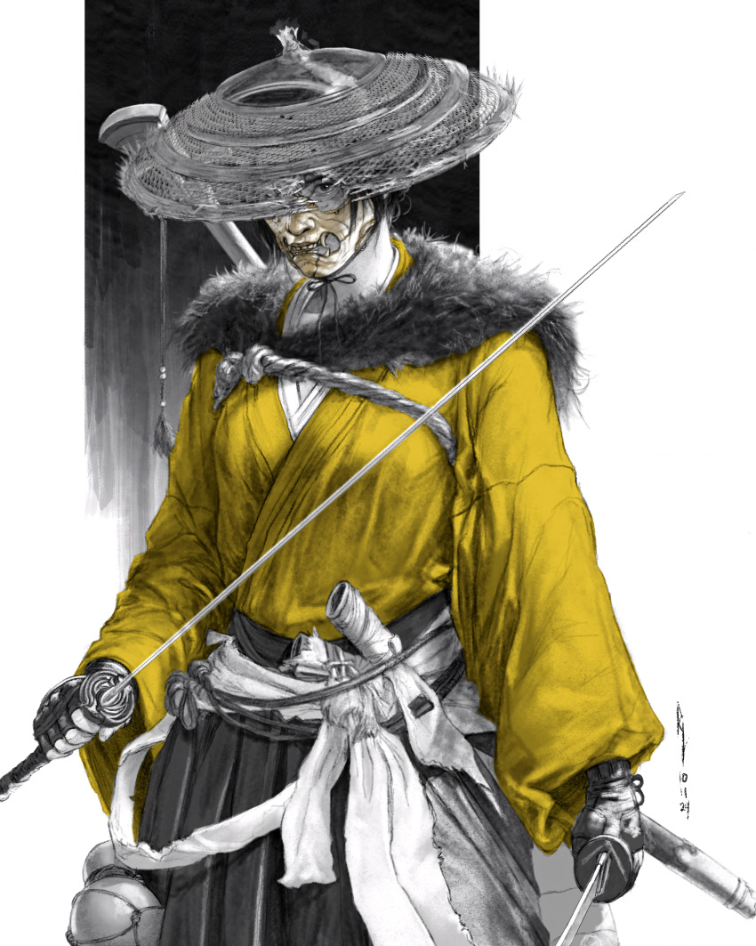 absurdres armor fur_collar ghost_of_tsushima highres japanese_armor japanese_clothes katana kimono mask samurai shirt sword warrior weapon yellow_shirt