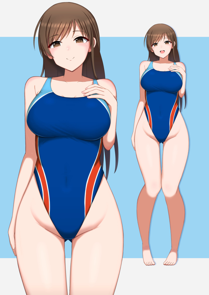 :d absurdres armpits bare_legs barefoot blue_background blue_one-piece_swimsuit breasts brown_eyes brown_hair closed_mouth collarbone competition_swimsuit covered_navel dot_nose female groin hand_on_own_chest hand_on_own_thigh highres idolmaster idolmaster_cinderella_girls idolmaster_cinderella_girls_starlight_stage large_breasts letterboxed light_blush light_smile long_hair looking_at_viewer mashikahazard5 nitta_minami one-piece_swimsuit open_mouth pigeon-toed sidelocks smile standing straight_hair swimsuit zoom_layer