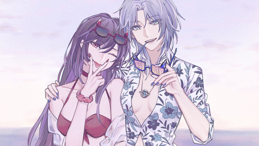 2girls aiwairanai alternate_costume arm_over_shoulder bikini blue-framed_eyewear blue_eyes blue_nails breasts breasts_apart cleavage cloud commentary cunnilingus_gesture eyewear_on_head floral_print floral_print_shirt forehead front-tie_bikini_top front-tie_top grey_hair hair_between_eyes hashtag-only_commentary heads_together holding holding_removed_eyewear jacket jewelry medium_breasts multiple_girls nail_polish necklace no_bra ocean off_shoulder one_eye_closed open_clothes open_jacket outdoors parted_bangs partially_unbuttoned path_to_nowhere pricilla_(path_to_nowhere) print_shirt purple_hair red-framed_eyewear red_bikini red_eyes red_nails scrunchie see-through_clothes see-through_jacket shirt sleeves_rolled_up swimsuit tetra_(path_to_nowhere) tinted_eyewear twilight unworn_eyewear upper_body white_shirt wrist_scrunchie