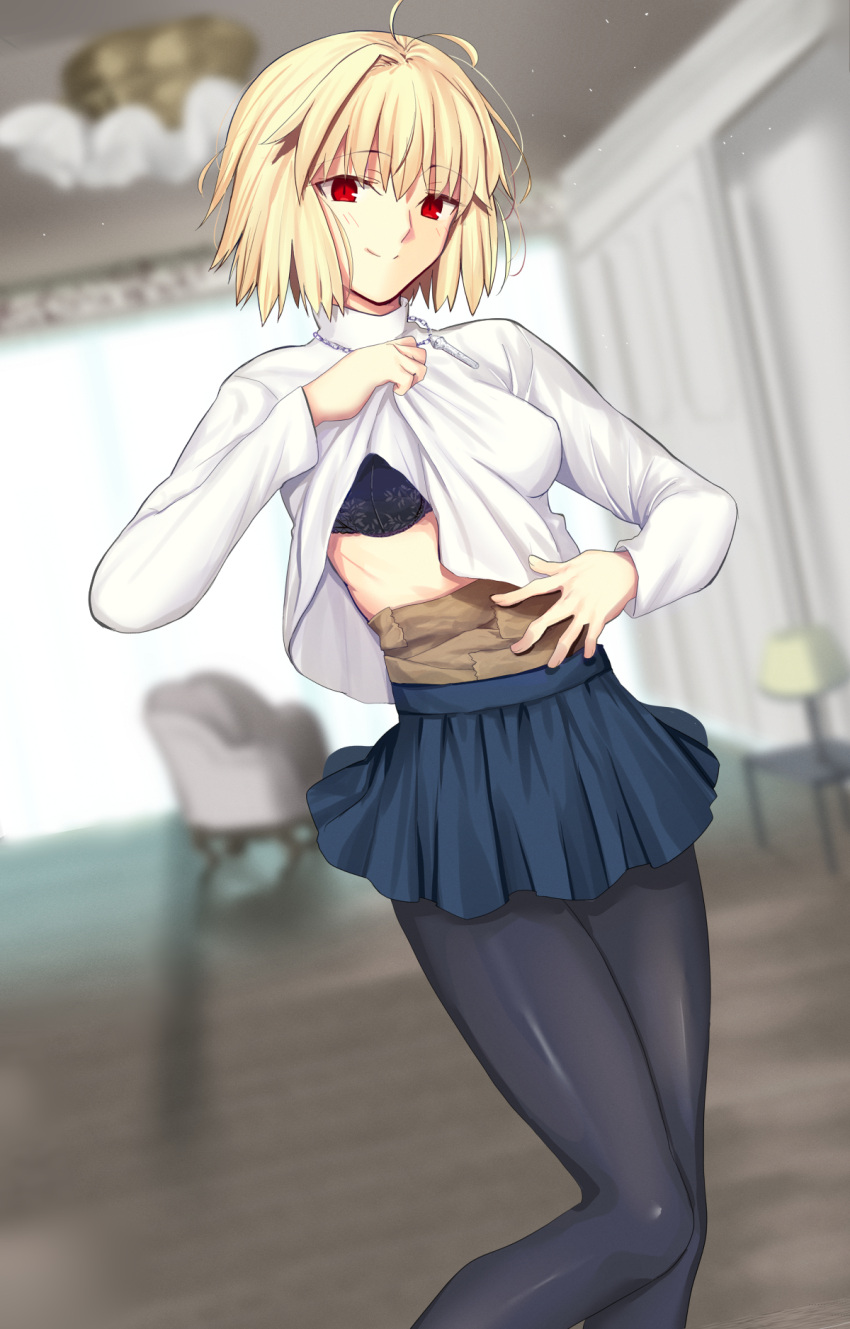 arcueid_brunestud black_pantyhose blonde_hair blue_skirt blurry blurry_background breasts closed_mouth clothes_lift covered_nipples female highres indoors iro_(sekaixiro) light_blush medium_breasts miniskirt pantyhose pleated_skirt red_eyes short_hair skirt smile solo split_mouth sweater sweater_lift tape tsukihime tsukihime_(remake) turtleneck turtleneck_sweater white_sweater