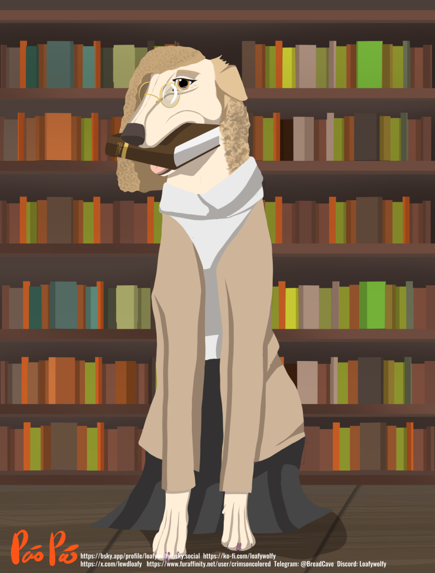 amelie_(crimsoncolored) book bookshelf borzoi canid canine canis cel_shading clothed clothed_feral clothing crimsoncolored domestic_dog eyewear female feral furniture glasses hi_res hunting_dog librarian mammal shaded sighthound solo