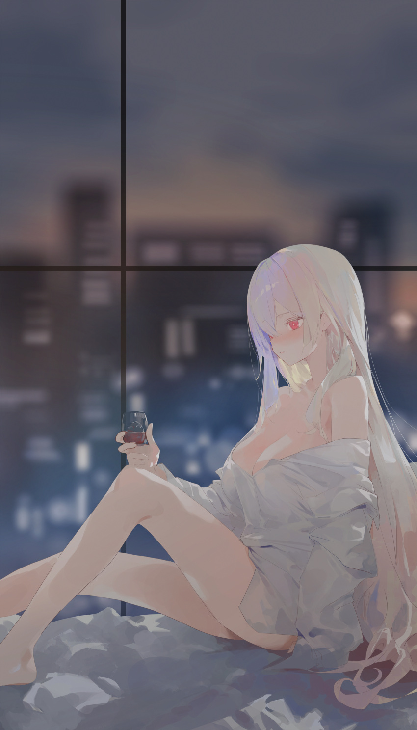 absurdres artist_request bare_shoulders blurry blush breasts bright_pupils check_artist chukibabo2 cityscape cleavage commission cup depth_of_field drinking_glass female hair_between_eyes highres holding holding_cup knee_up large_breasts long_hair looking_ahead off_shoulder original parted_lips red_eyes second-party_source shirt sitting solo thighs very_long_hair white_hair white_shirt window wine_glass