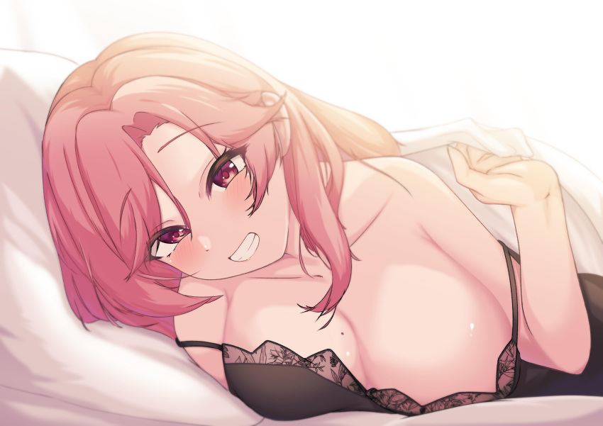 absurdres bare_shoulders bed_sheet black_camisole breasts camisole cleavage english_commentary female grin head_on_pillow highres indie_virtual_youtuber large_breasts lifting_covers long_hair looking_at_viewer mole mole_on_breast nini_yuuna on_bed pillow pink_eyes pink_hair pov_across_bed simple_background smile solo strap_slip truubluu under_covers virtual_youtuber white_background