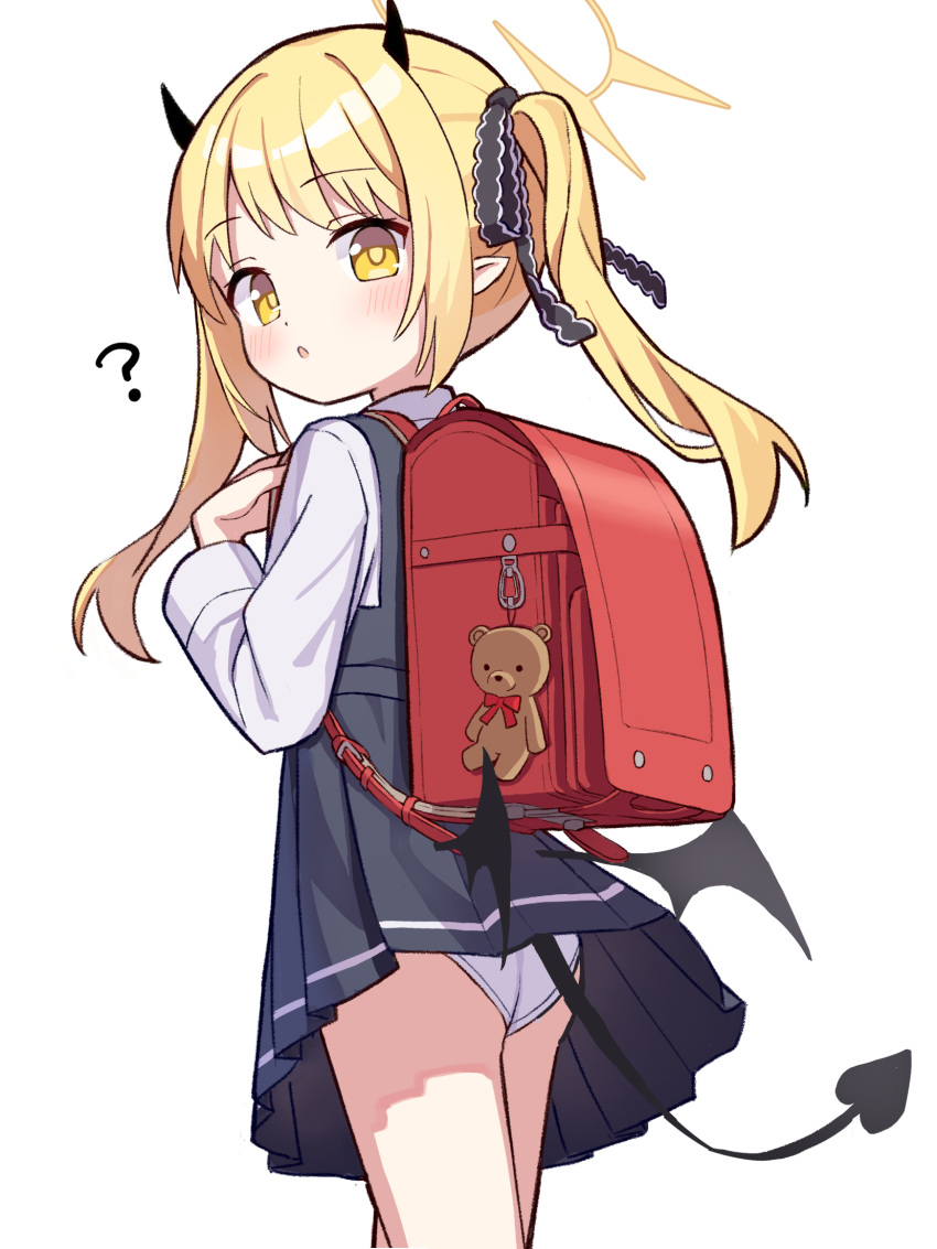 ? asymmetrical_hair backpack bag bag_charm black_dress black_horns black_ribbon black_tail black_wings blonde_hair blue_archive blush charm_(object) commentary cowboy_shot demon_girl demon_horns demon_tail demon_wings dress female from_behind hair_ribbon halo hand_up highres horns ibuki_(blue_archive) long_hair long_sleeves looking_at_viewer looking_back low_wings panties pantyshot parted_lips pinafore_dress pleated_dress pointy_ears randoseru red_bag ribbon shirt short_dress side_ponytail sidelocks simple_background sleeveless sleeveless_dress solo standing stuffed_animal stuffed_toy tadashisa tail teddy_bear underwear white_background white_panties white_shirt wings yellow_halo