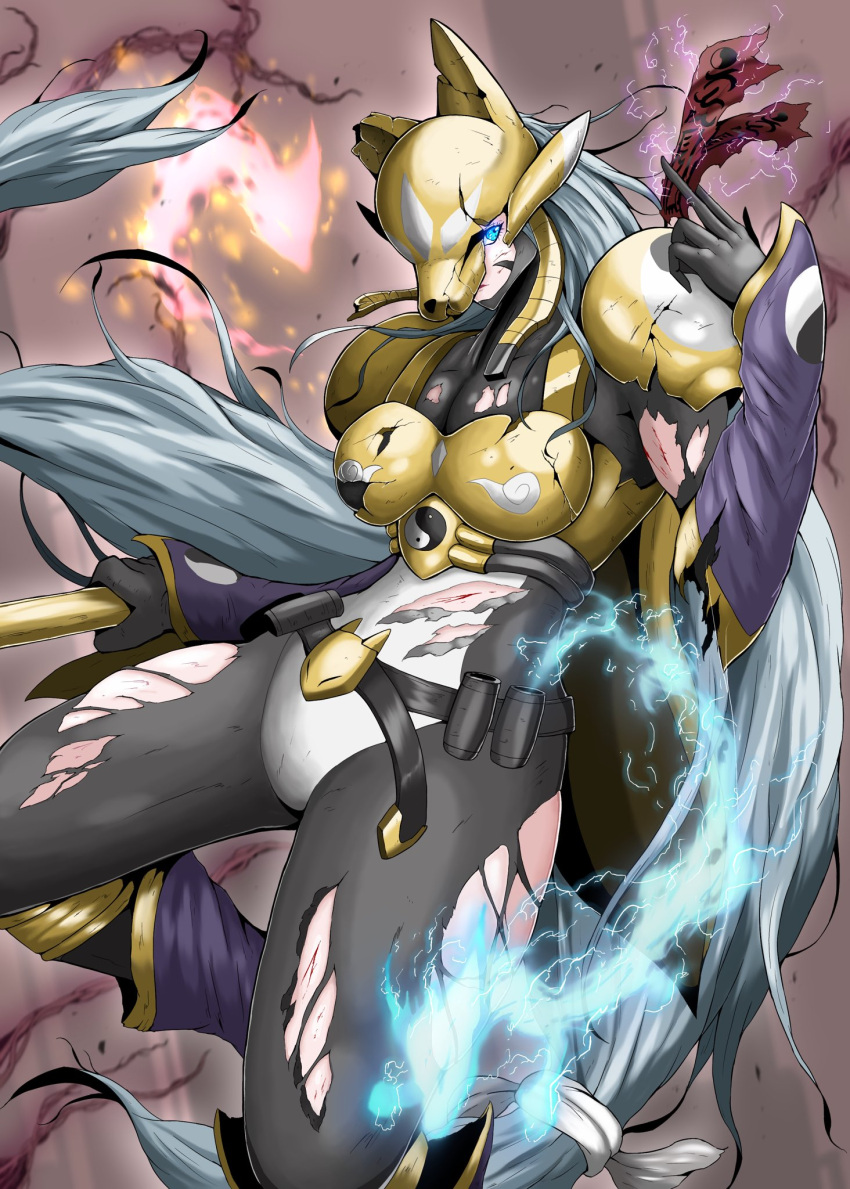 armor black_bodysuit blue_eyes bodysuit broken_arm broken_mask cowboy_shot digimon digimon_(creature) electricity female fox_mask gold_armor grey_hair highres holding long_hair mask ofuda sakuyamon sawa_d solo torn_bodysuit torn_clothes very_long_hair yin_yang