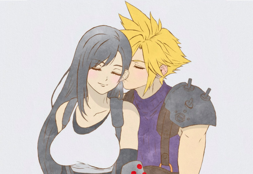 11hana06 1boy armor bare_shoulders black_gloves black_hair blonde_hair blue_sweater breasts closed_eyes cloud_strife collarbone couple crop_top earrings elbow_gloves female final_fantasy final_fantasy_vii final_fantasy_vii_rebirth final_fantasy_vii_remake gloves grey_background hair_behind_ear jewelry kissing kissing_ear large_breasts light_blush long_hair ribbed_sweater short_hair shoulder_armor single_earring sleeveless sleeveless_turtleneck smile spiked_hair stud_earrings suspenders sweater swept_bangs tank_top teardrop_earrings tifa_lockhart turtleneck turtleneck_sweater upper_body white_tank_top