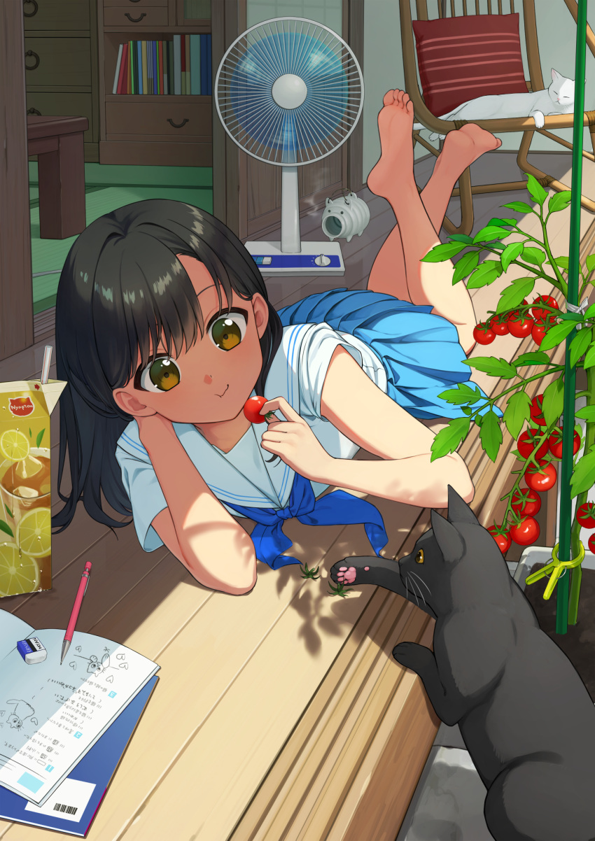 animal asuka_gin barefoot black_hair book feet feline female food fruit highres indoors kayari_buta long_hair lying on_stomach original plant potted_plant sailor_collar school_uniform serafuku skirt smile soles solo the_pose toes wind_chime