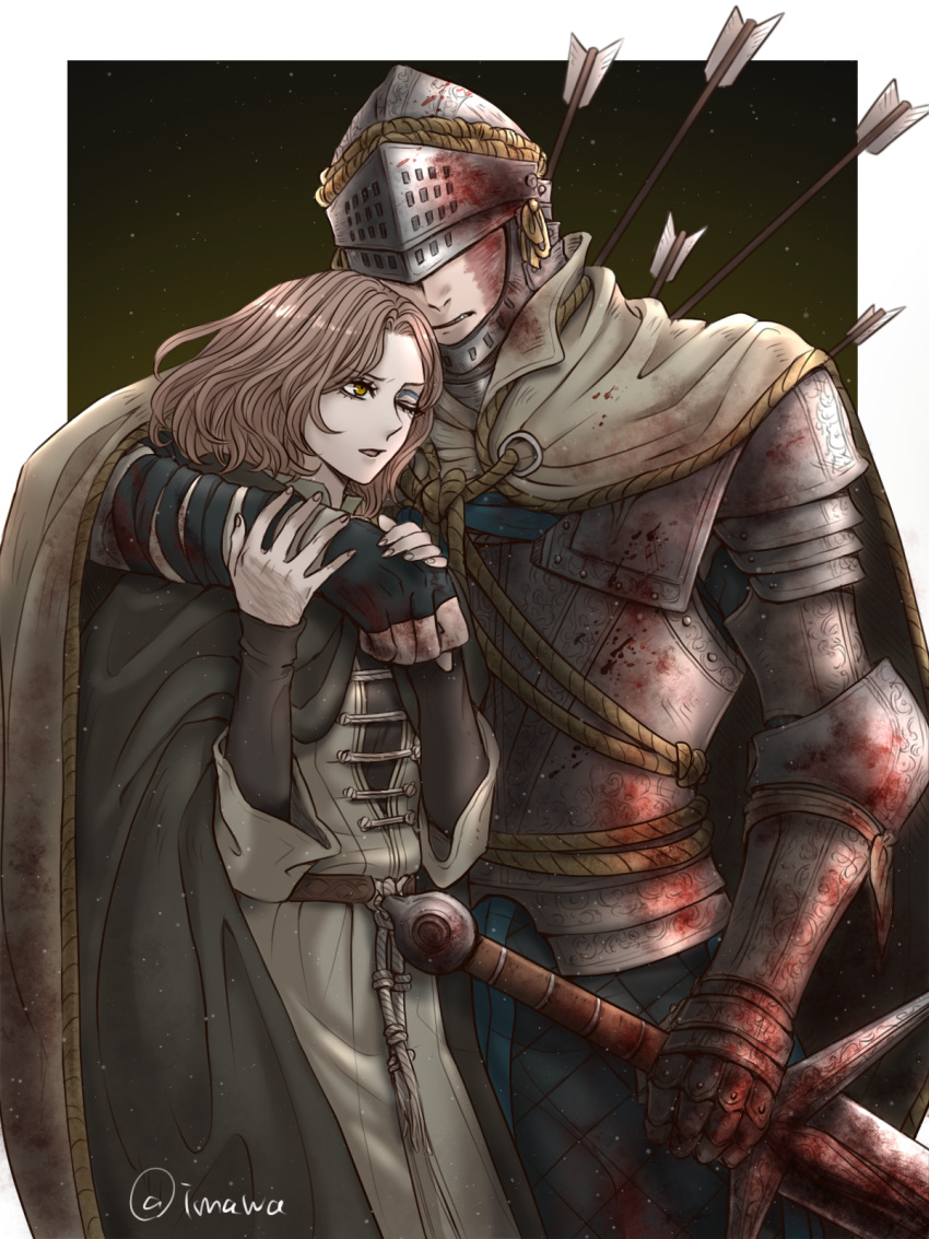 1boy arm_around_shoulder armor arrow_(projectile) artist_name black_cloak blood blood_on_armor border breastplate brown_hair cloak commentary_request elden_ring female gauntlets helmet highres holding holding_sword holding_weapon imawa315 impaled melina_(elden_ring) one_eye_closed open_mouth outside_border plate scar standing sword tarnished_(elden_ring) visor_(armor) weapon white_border yellow_eyes