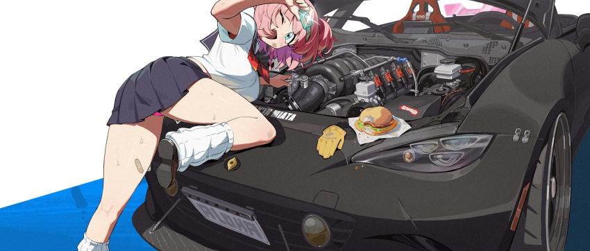 ;d absurdres blue_eyes blue_skirt breasts brown_footwear burger female food gloves highres large_breasts mazda mazda_mx-5 mazda_mx-5_nd one_eye_closed open_car_hood original panties panty_peek pink_hair shirt skirt smile socks solo underwear waterkuma white_shirt white_socks yellow_gloves