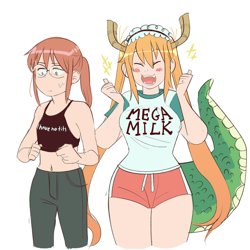 blush bodily_fluids breast_envy closed_eyes clothed clothing crop_top dragon duo eyewear female flat_chested glasses green_body green_scales hair hi_res horn human humanoid kobayashi_(dragon_maid) long_hair maid_headdress mammal mega_milk meme midriff miss_kobayashi's_dragon_maid mythological_creature mythological_scalie mythology navel open_mouth scales scalie sharp_teeth shirt sparkles standing sweat sweatdrop tail teeth tohru_(dragon_maid) tomatomagica topwear