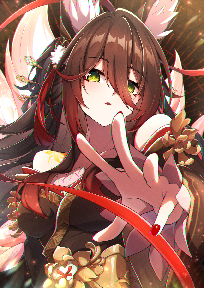 absurdres bare_shoulders breasts brown_hair brown_kimono chromatic_aberration commentary_request eyeliner eyes_visible_through_hair female fox_girl fugue_(honkai:_star_rail) green_eyes hair_between_eyes hair_ornament hair_over_one_eye highres honkai:_star_rail honkai_(series) japanese_clothes kimono large_breasts looking_at_viewer makeup off_shoulder official_alternate_costume open_mouth reaching reaching_towards_viewer red_eyeliner ruisuke sidelocks solo string string_of_fate tingyun_(honkai:_star_rail) upper_body