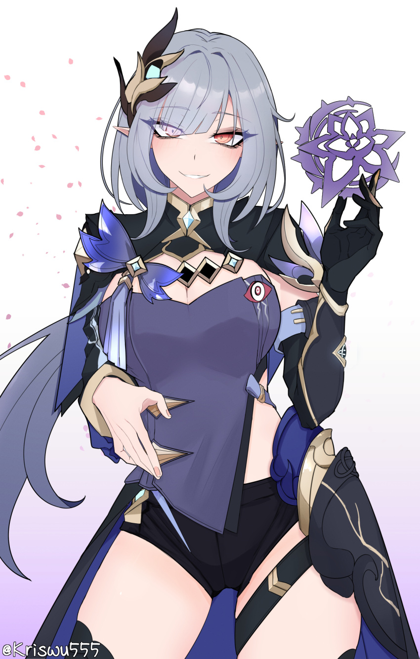 artist_name black_gloves black_shorts blue_corset blue_hair breasts cleavage closed_mouth clothing_cutout corset cowboy_shot elf elysia_(honkai_impact) elysia_(miss_pink_elf)_(honkai_impact) eye_print female gloves hair_ornament herrscher_of_corruption highres honkai_(series) honkai_impact_3rd large_breasts long_hair looking_at_viewer orange_eyes pointy_ears short_shorts shorts side_cutout signet_of_ego simple_background single_glove smile solo thighs white_background wuwuwu_(kriswu555)