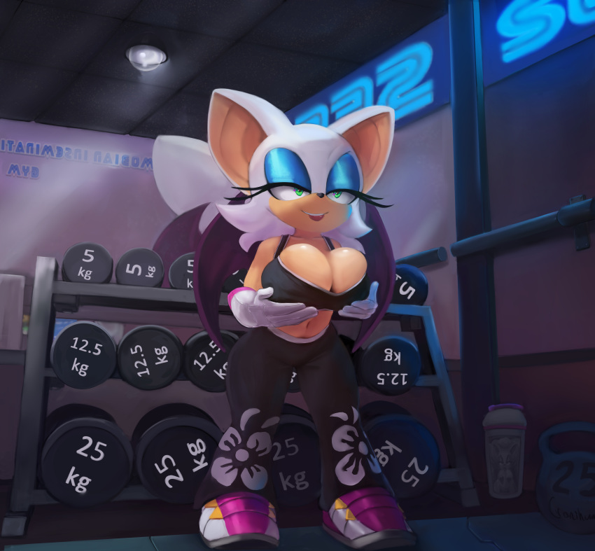 absurdres animal_ears animal_nose bat_ears bat_girl bat_wings blue_eyeshadow breasts cranihum dumbbell eyeshadow female floral_print furry furry_female gloves green_eyes gym highres holding_own_breasts large_breasts leaning_forward makeup mirror neon_lights official_alternate_costume pants rouge_the_bat sega shoes smile sneakers solo sonic_(series) sonic_riders_(series) sports_bra thermos tongue tongue_out weight_rack white_fur wings yoga_pants