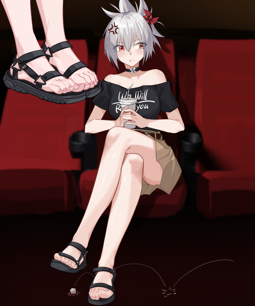 absurdres anger_vein ayakashi_triangle bare_legs belt black_choker black_footwear black_shirt blurry blurry_background blush breasts brown_belt brown_skirt choker collarbone commission crossed_legs cup disposable_cup drinking_straw feet female foot_focus footwear_focus full_body grey_hair hair_ornament highres holding kazamaki_matsuri kazamaki_matsuri_(female) large_breasts legs looking_to_the_side miniskirt motion_lines multiple_views nail_polish nanase_young off-shoulder_shirt off_shoulder pink_nails pixiv_commission sandals shadow shirt short_sleeves sitting skirt theater_seating toenail_polish toenails toes