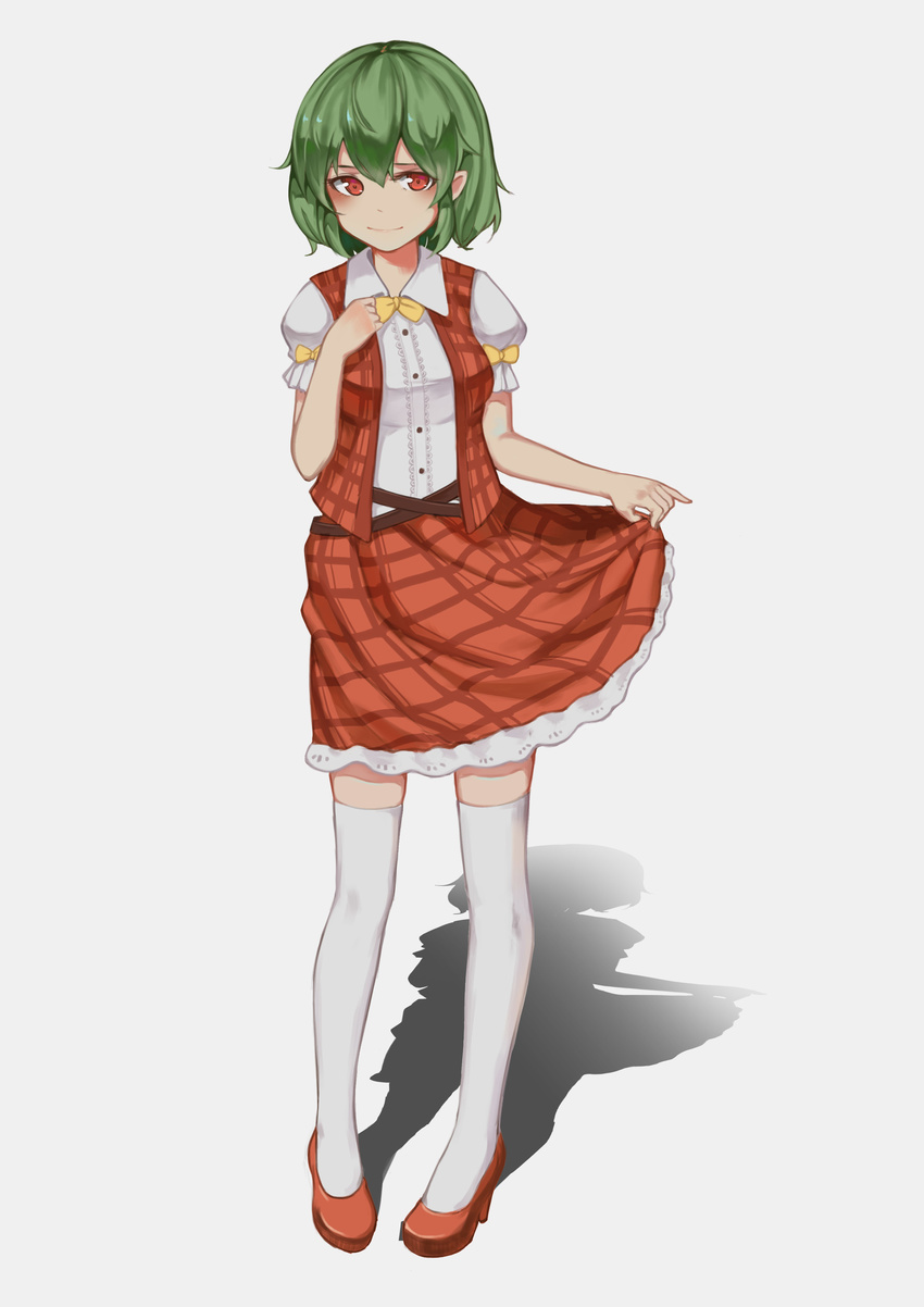 absurdres anhao belt bow bowtie chinese_commentary closed_mouth collared_shirt commentary dress_shirt female frilled_skirt frilled_sleeves frills full_body green_hair hand_on_own_chest hand_up highres kazami_yuuka ke-ta_(style) looking_at_viewer open_clothes open_vest photoshop_(medium) pinky_out plaid plaid_skirt plaid_vest puffy_short_sleeves puffy_sleeves red_eyes red_footwear shadow shirt shoes short_sleeves simple_background skirt skirt_hold skirt_set smile solo standing thighhighs touhou vest white_background white_shirt white_thighhighs wing_collar yellow_bow yellow_bowtie