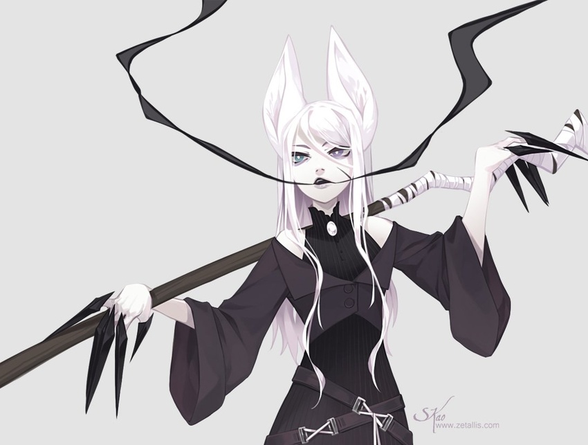 animal_ears bare_shoulders belt black_lips claws commentary_request female fox_ears heterochromia lipstick long_hair makeup multiple_belts oni_(zetallis) original pale_skin skinny solo staff white_hair zetallis