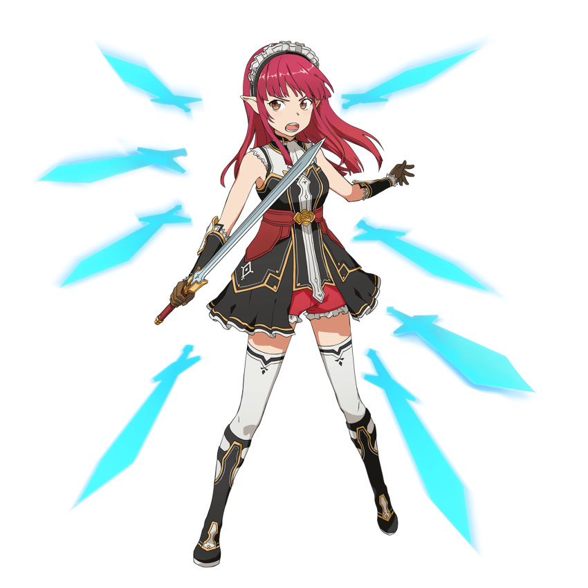 bad_id boots brown_eyes brown_gloves elf female floating_hair frilled_shorts frills full_body gloves highres holding holding_sword holding_weapon knee_boots long_hair looking_to_the_side maid_headdress official_art open_mouth pointy_ears print_thighhighs rain_(sao) red_hair red_shorts short_shorts shorts sleeveless solo standing sword sword_art_online thighhighs transparent_background weapon white_thighhighs