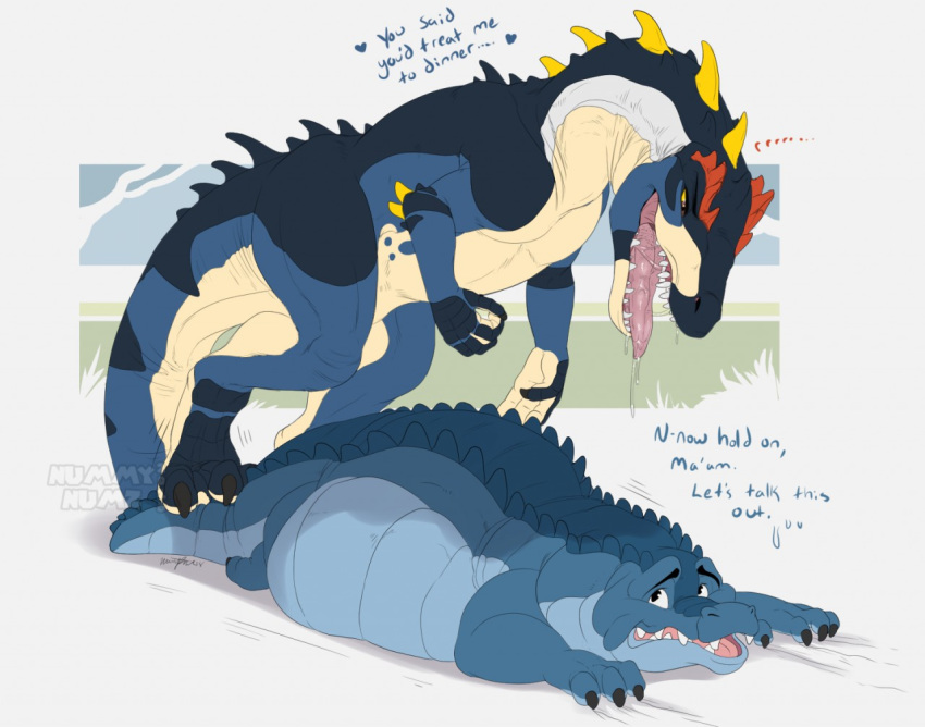 alligator alligatorid crocodilian dakota_(tartii) dialogue dinosaur duo english_text extinct female feral heart_symbol imminent_vore nummynumz prehistoric_species reptile scalie tail teeth text