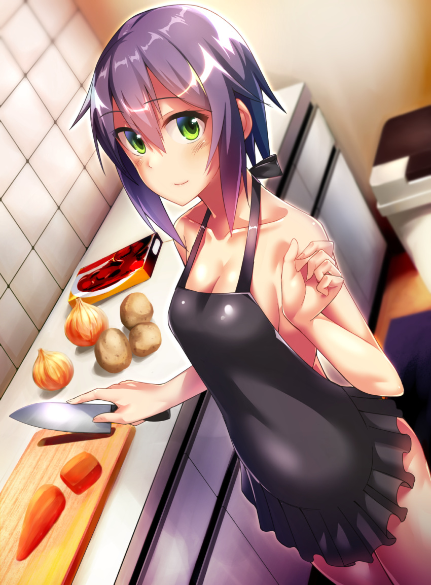 apron back_bow bare_back black_apron blush bow breasts carrot cleavage closed_mouth comiket_93 commentary_request counter covered_navel cowboy_shot cutting_board dosu_(doseven) dutch_angle female frilled_apron frills from_above green_eyes hand_up highres holding holding_knife indoors kitchen kitchen_knife knife kuroha_yuki legs_together looking_at_viewer medium_hair messy_hair naked_apron nudist onion original potato purple_hair rug santoku_knife sideboob small_breasts solo standing tile_wall tiles trash_can