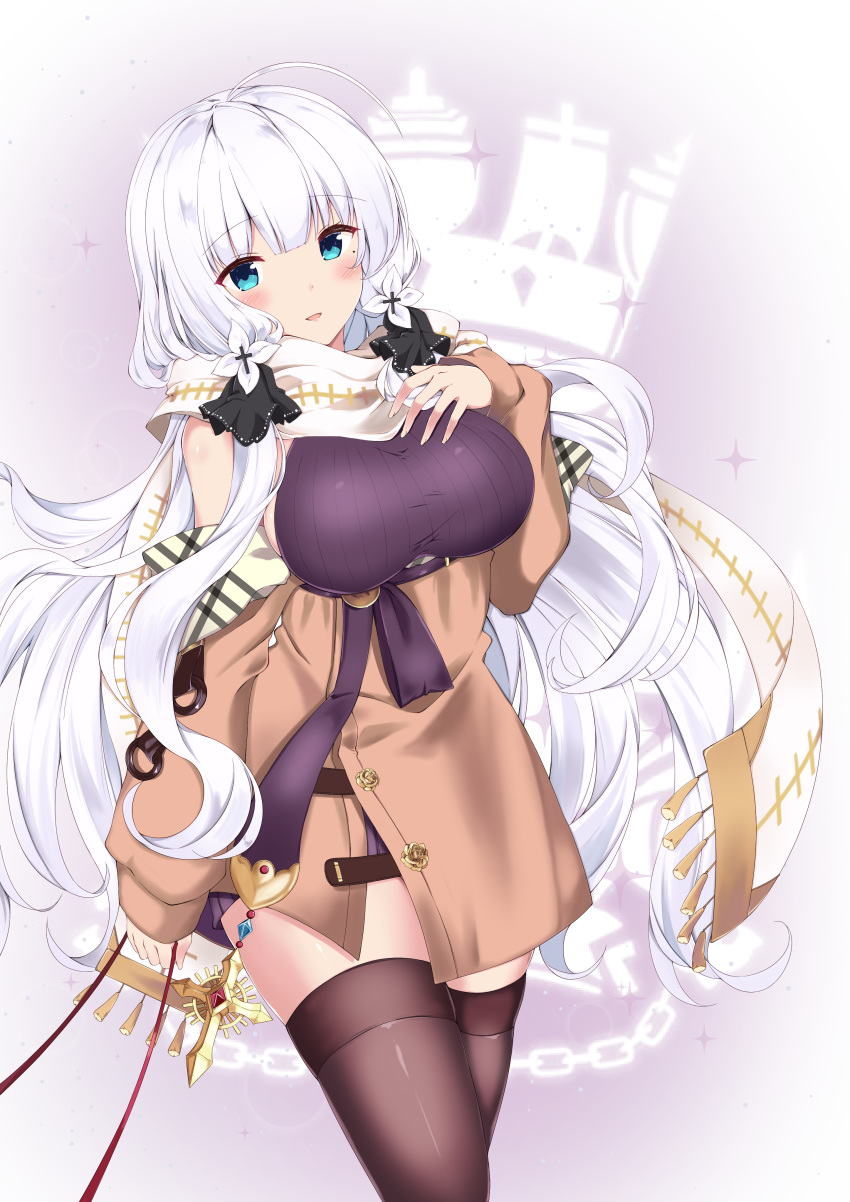 :d absurdres alternate_costume arashiki_mamizu azur_lane bag blue_eyes blush breasts brown_coat brown_thighhighs casual coat coat_dress commentary_request cosplay dress female hair_ornament hair_ribbon hairclip hand_up highres holding holding_bag illustrious_(azur_lane) large_breasts long_hair looking_at_viewer mole mole_under_eye off_shoulder open_mouth purple_sweater ribbed_sweater ribbon royal_navy_emblem_(azur_lane) scarf sidelocks smile solo sweater sweater_dress sweater_vest taut_sweater_vest thighhighs underbust very_long_hair victorious_(azur_lane) victorious_(azur_lane)_(cosplay) victorious_(the_goddess'_day_off)_(azur_lane) walking white_hair white_scarf