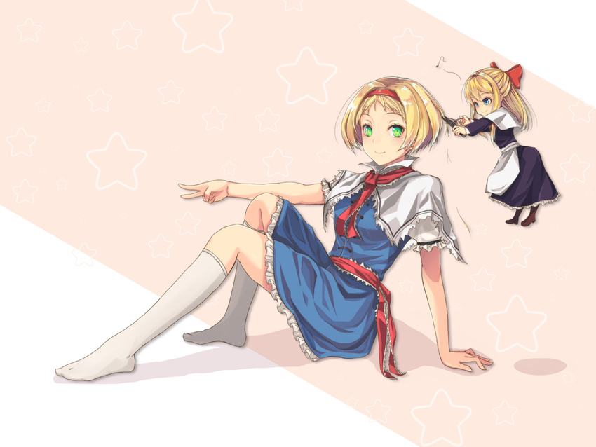 alice_margatroid alternate_hair_length alternate_hairstyle bad_id bad_pixiv_id blonde_hair blue_eyes bow capelet cutting_hair eighth_note female green_eyes hairband hairbow highres musical_note nekomiyanono ponytail shanghai_doll short_hair touhou very_short_hair