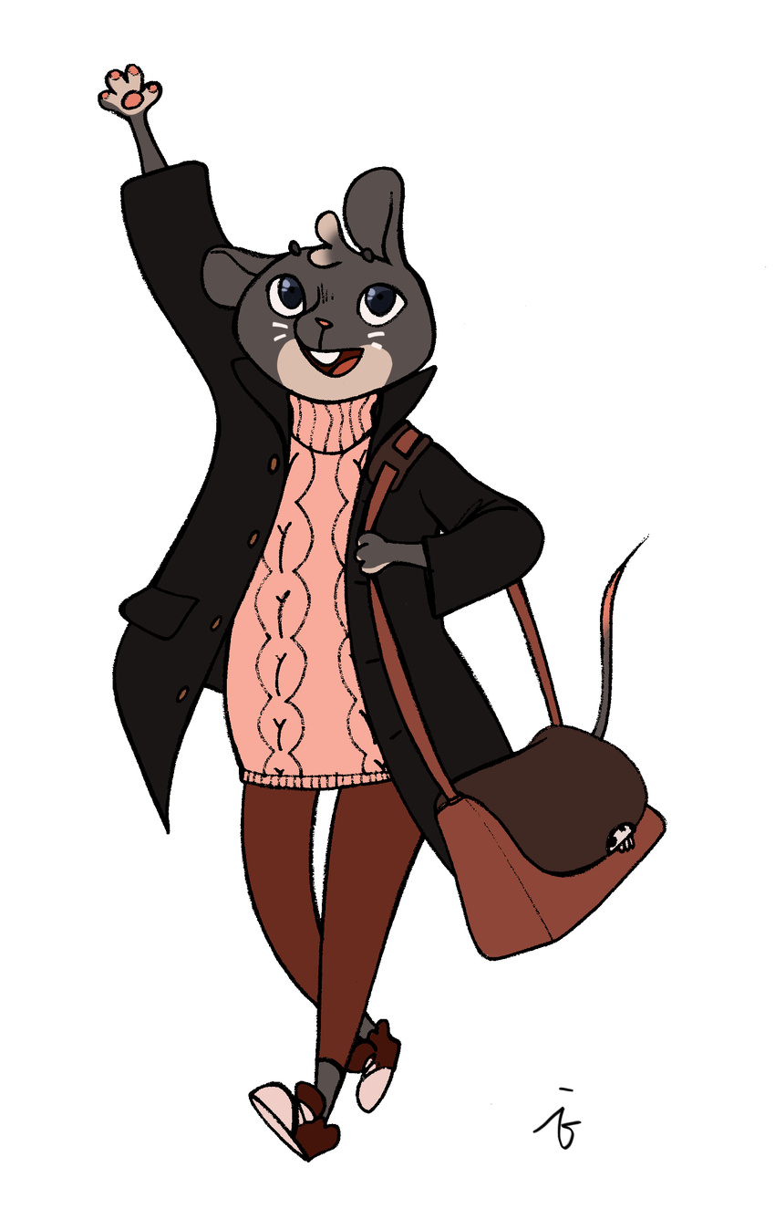 2017 absurd_res alinaisrafilova anthro bag bottomwear clothed clothing coat daww eyebrows female footwear fully_clothed fur grey_body grey_fur hi_res jacket lori_meyers mammal mouse murid murine night_in_the_woods open_mouth pants pawpads purse rodent shoes simple_background sneakers solo sweater topwear tuft whiskers white_background