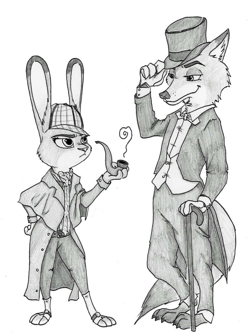 3_toes 4_fingers absurd_res anthro barefoot belt bow_(feature) bow_tie button_(fastener) canid canine claws clothed clothing coat cravat deerstalker_hat dipstick_ears disney drawing duo ear_markings feet female fingers fox frown fully_clothed fur gloves green_eyes grey_body grey_fur greyscale hand_on_hip handwear hat headgear headwear hi_res holding_clothing holding_hat holding_headgear holding_headwear holding_object inner_ear_fluff jacket judy_hopps lagomorph leporid long_coat long_ears looking_at_another male mammal monochrome multicolored_ears nick_wilde purple_eyes rabbit red_fox shadow-gate shirt side_view simple_background smile smoke smoking_pipe standing suit tailcoat toes top_hat topwear true_fox tuft vest walking_stick white_background ziegelzeig zootopia