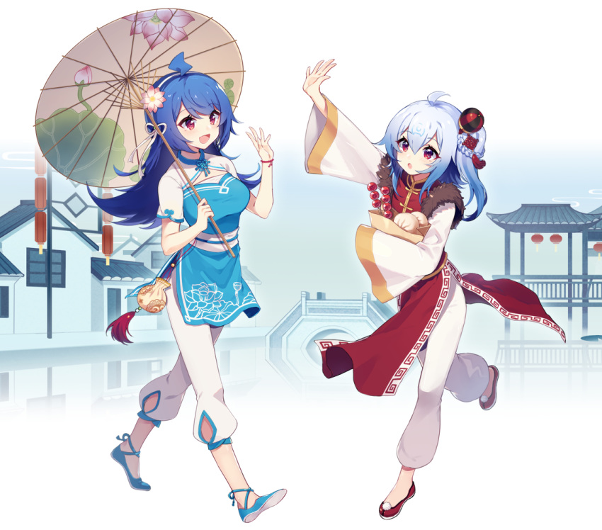 2girls ahoge bili_girl_22 bili_girl_33 bilibili blue_hair blush breasts commentary_request flat_chest flats flower hair_flower hair_ornament large_breasts long_hair long_sleeves looking_at_another multiple_girls oil-paper_umbrella one_side_up open_mouth pagoda parted_lips pointy_ears sharlorc shoes short_hair short_sleeves smile umbrella