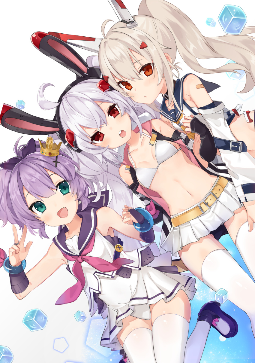 3girls :d ahoge animal_ears ayanami_(azur_lane) ayanami_(retrofit)_(azur_lane) azur_lane bandaid bandaid_on_arm bare_shoulders bikini bikini_top_only bikini_under_clothes black_hairband blue_sailor_collar breasts bridal_gauntlets collarbone commentary_request crown cube detached_sleeves dress dutch_angle fingernails green_eyes hair_between_eyes hair_ornament hair_ribbon hairband hairclip headgear high_heels highres holding_hands interlocked_fingers jacket javelin_(azur_lane) javelin_(retrofit)_(azur_lane) laffey_(azur_lane) laffey_(retrofit)_(azur_lane) light_brown_hair long_hair long_sleeves mini_crown multiple_girls navel neckerchief no_shirt oerba_yun_fang open_clothes open_jacket open_mouth orqz panties parted_lips pink_jacket pink_neckerchief pleated_skirt ponytail purple_footwear purple_hair purple_ribbon purple_sailor_collar rabbit_ears red_eyes ribbon round_teeth sailor_collar school_uniform serafuku shirt shoes skirt sleeveless sleeveless_jacket sleeveless_shirt sleeves_past_wrists small_breasts smile stomach swimsuit teeth thighhighs twintails underwear upper_teeth_only v very_long_hair white_bikini white_dress white_hair white_panties white_shirt white_skirt white_thighhighs wisdom_cube_(azur_lane)