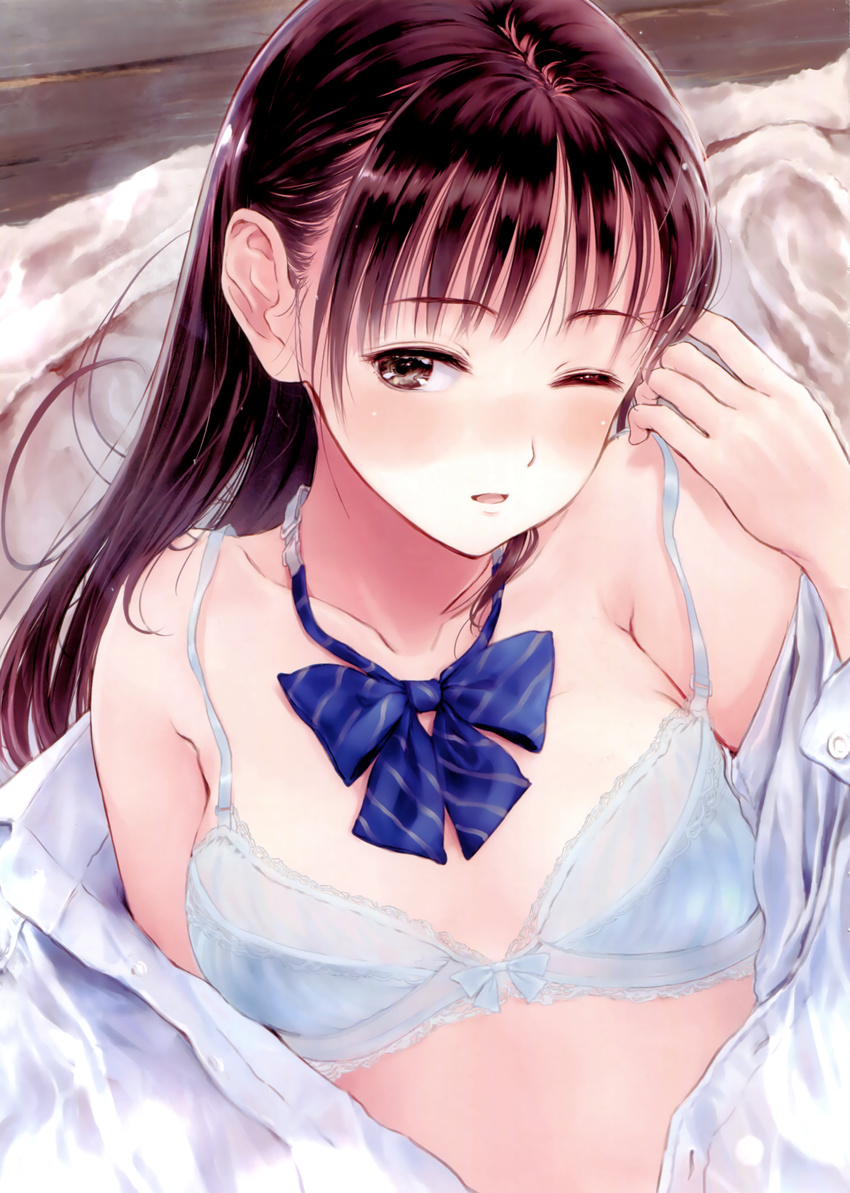 absurdres black_eyes blue_bow blue_bowtie blue_bra bow bowtie bra breasts brown_hair dress_shirt female fujita_hidetoshi highres long_hair one_eye_closed open_clothes open_mouth open_shirt original shirt small_breasts solo striped_bow striped_bowtie striped_clothes underwear upper_body white_shirt