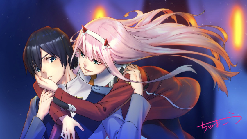 1boy absurdres black_hair black_legwear blue_eyes chama_kou commentary_request couple darling_in_the_franxx female green_eyes hand_on_another's_face highres hiro_(darling_in_the_franxx) holding_another's_arm horns hug hug_from_behind long_hair looking_at_another military military_uniform necktie oni_horns orange_neckwear pantyhose pink_hair red_neckwear short_hair signature straight uniform zero_two_(darling_in_the_franxx)